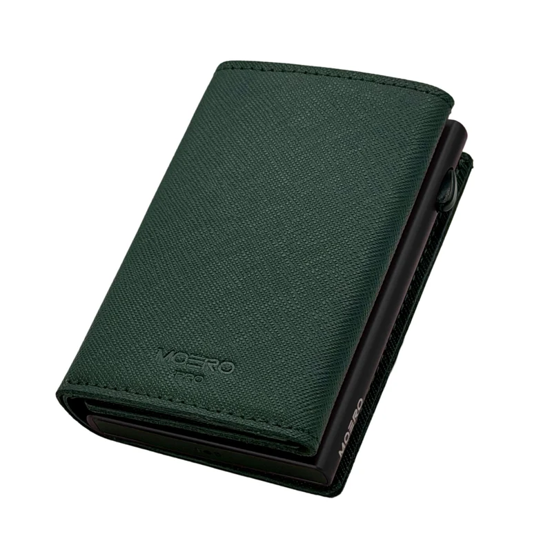 Moero PRO PLUS Zip Saffiano – Portafoglio in Vera Pelle Saffiano Antigraffio con Portamonete Zip, RFID e Chiusura Magnetica – Verde Foresta