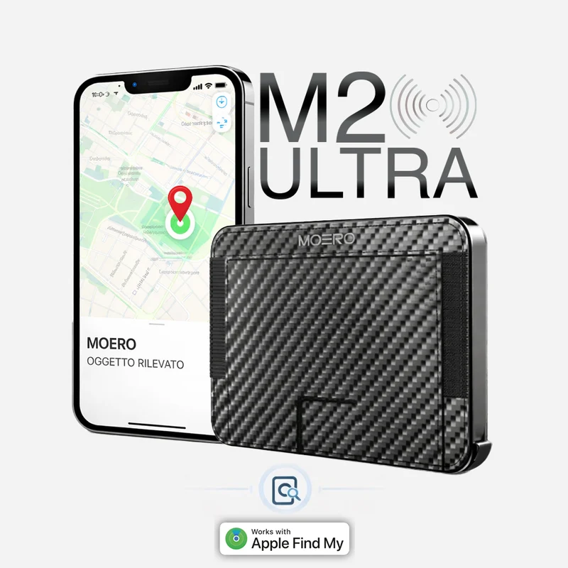 Moero M2 ULTRA Carbon MagSafe Wallet con Apple Find My Integrato – Portafoglio RFID in Alluminio e vera pelle Carbon