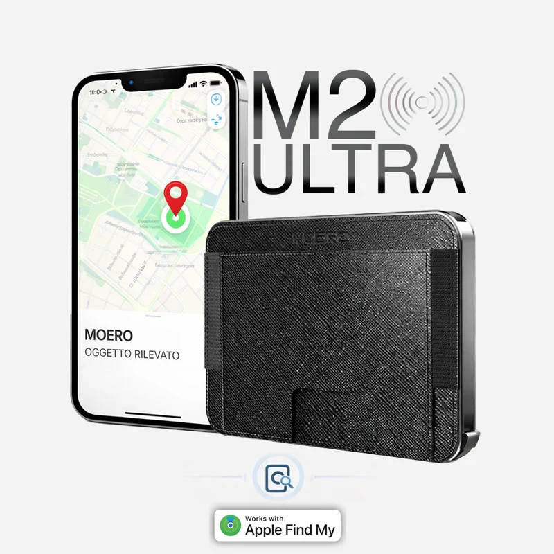 Moero M2 ULTRA Saffiano MagSafe Wallet con Apple Find My Integrato – Portafoglio RFID in Alluminio e Vera Pelle Antigraffio