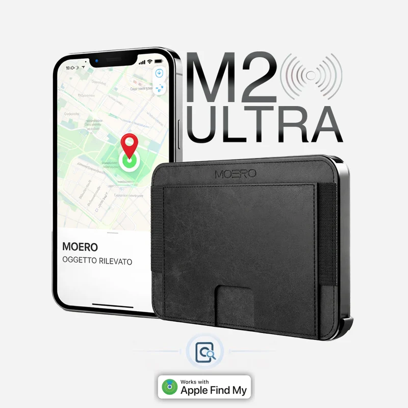 Moero M2 ULTRA Vintage MagSafe Wallet con Apple Find My Integrato – Portafoglio RFID in Alluminio e Pelle Vegana