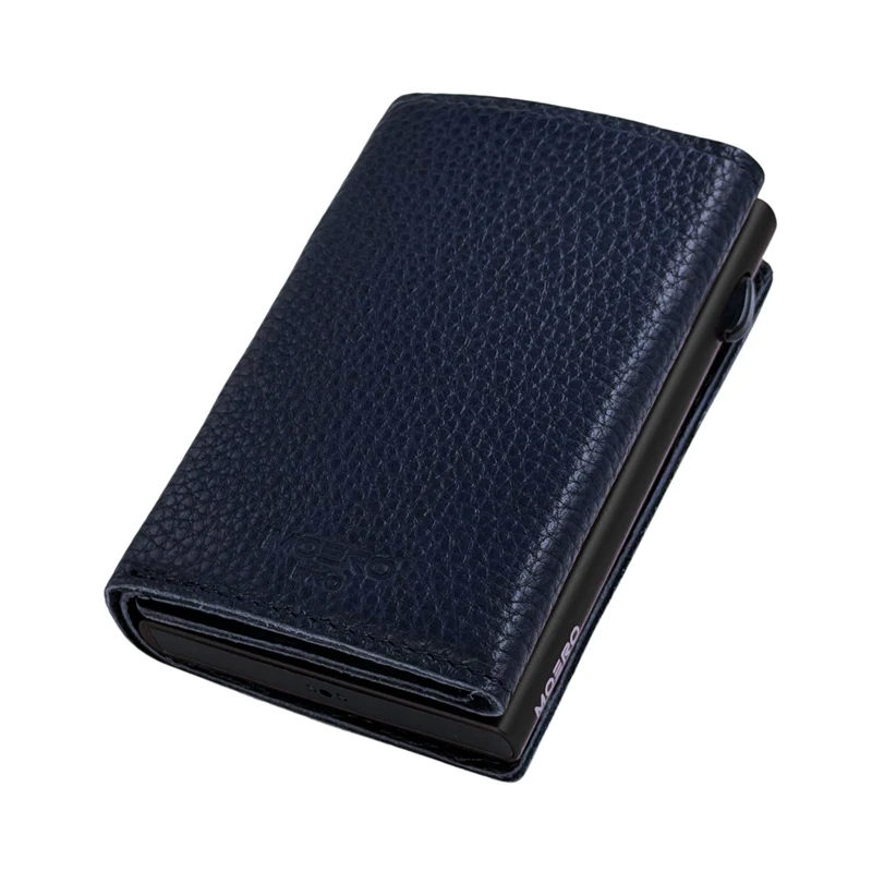 Moero PRO PLUS Zip – Portafoglio Bottalato in Vera Pelle con Portamonete Zip, RFID e Chiusura Magnetica – Blu