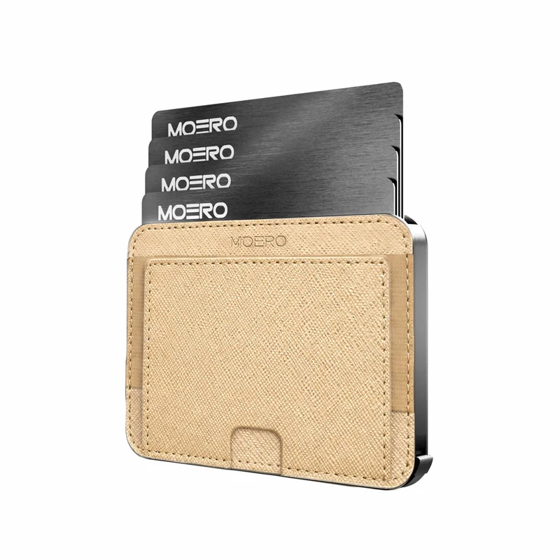 Moero M2 Pro Saffiano Gold MagSafe Wallet – Portafoglio RFID in Alluminio e Vera Pelle Antigraffio