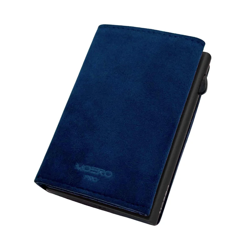 Moero PRO PLUS Zip SUPERIOR – Portafoglio in Microfibra Scamosciata con Portamonete Zip, RFID e Chiusura Magnetica – Blu
