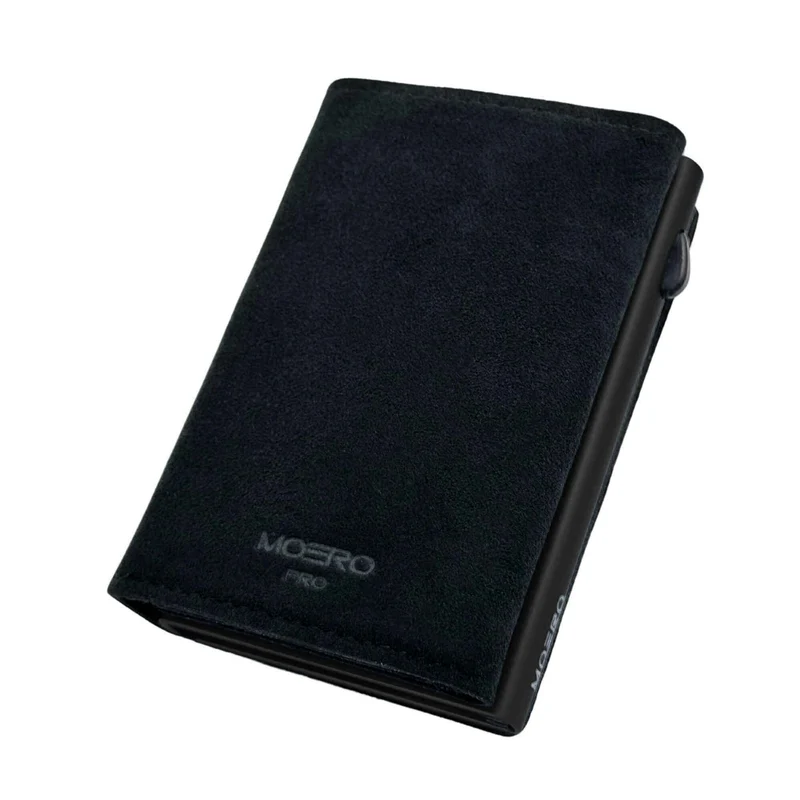 Moero PRO PLUS Zip SUPERIOR – Portafoglio in Microfibra Scamosciata con Portamonete Zip, RFID e Chiusura Magnetica – Nero