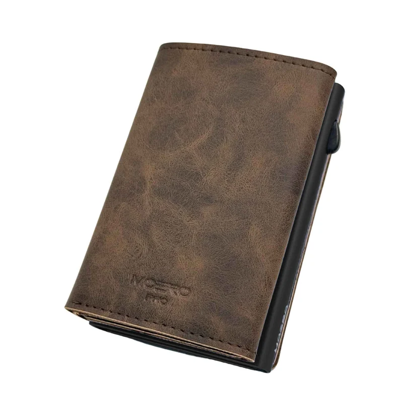 Moero PRO PLUS Zip – Portafoglio Vintage Pelle Vegan con Portamonete Zip, RFID e Chiusura Magnetica – Dark Brown