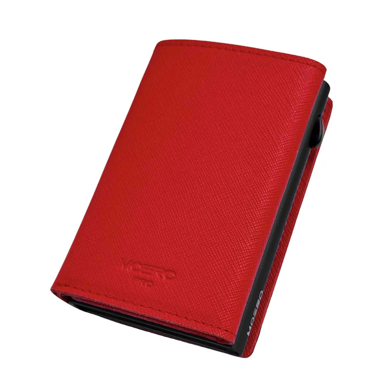 Moero PRO PLUS Zip Saffiano – Portafoglio in Vera Pelle Saffiano Antigraffio con Portamonete Zip, RFID e Chiusura Magnetica – Rosso
