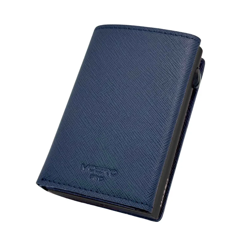 Moero PRO PLUS Zip Saffiano – Portafoglio in Vera Pelle Saffiano Antigraffio con Portamonete Zip, RFID e Chiusura Magnetica – Blu Navy