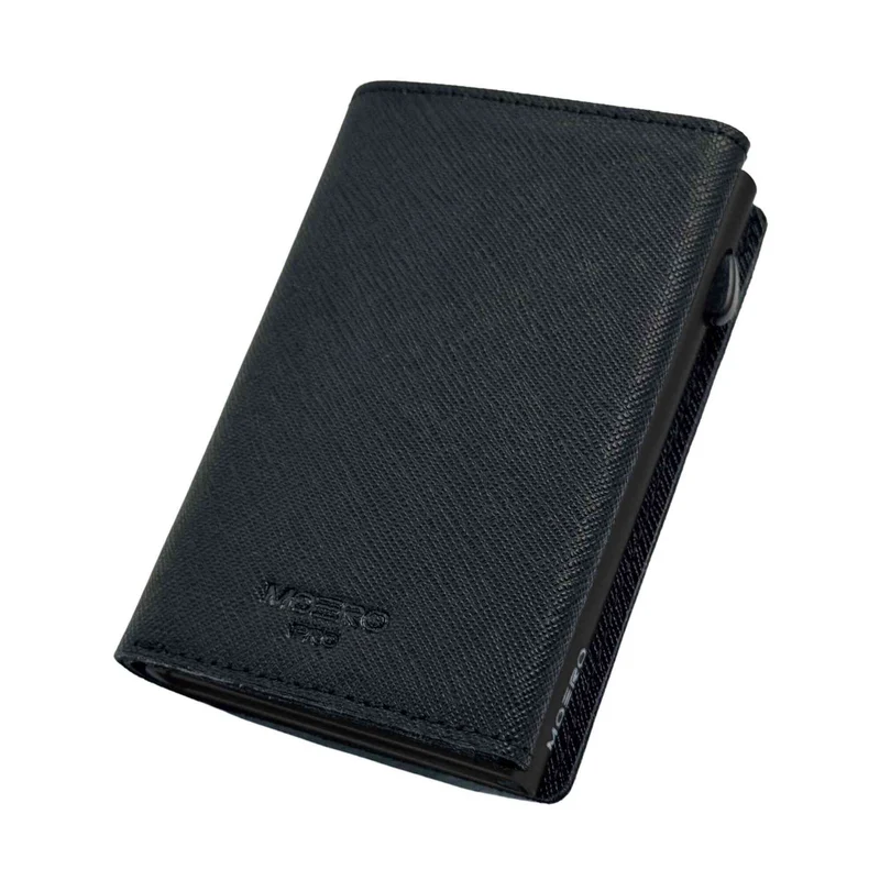 Moero PRO PLUS Zip Saffiano – Portafoglio in Vera Pelle Saffiano Antigraffio con Portamonete Zip, RFID e Chiusura Magnetica – Nero