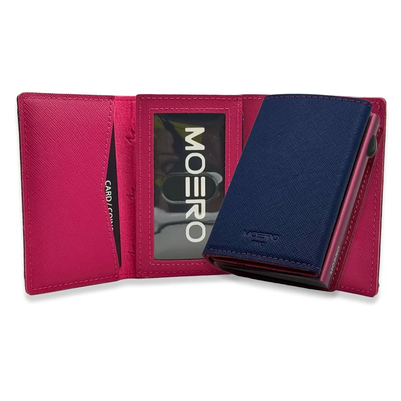 Moero PRO PLUS Zip Saffiano – Portafoglio in Vera Pelle Saffiano Antigraffio con Portamonete Zip, RFID e Chiusura Magnetica – Blue e Magenta
