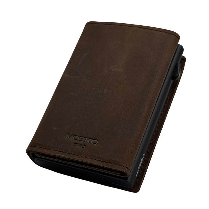 Moero PRO PLUS Zip – Portafoglio Crazy Horse in Vera Pelle con Portamonete Zip, RFID e Chiusura Magnetica – Cioccolato