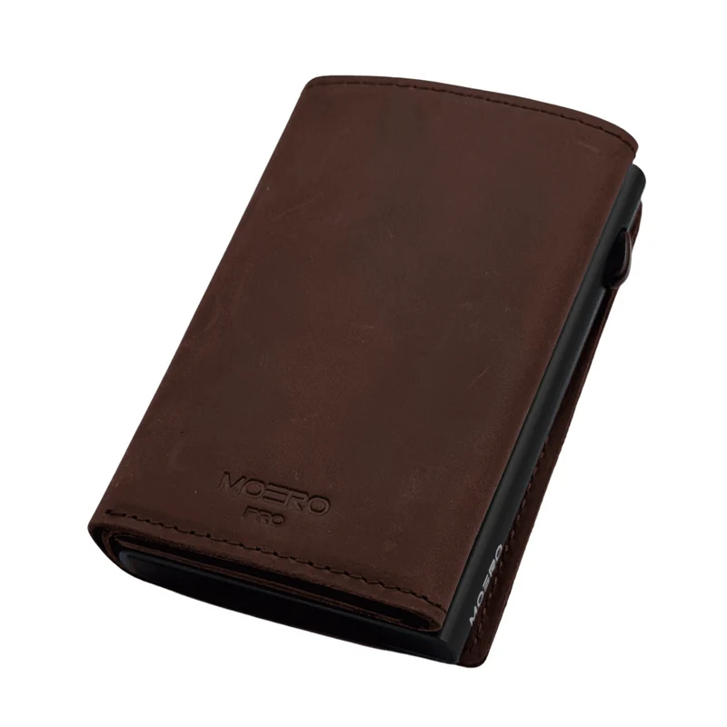 Moero PRO PLUS Zip – Portafoglio Crazy Horse in Vera Pelle con Portamonete Zip, RFID e Chiusura Magnetica – Whisky