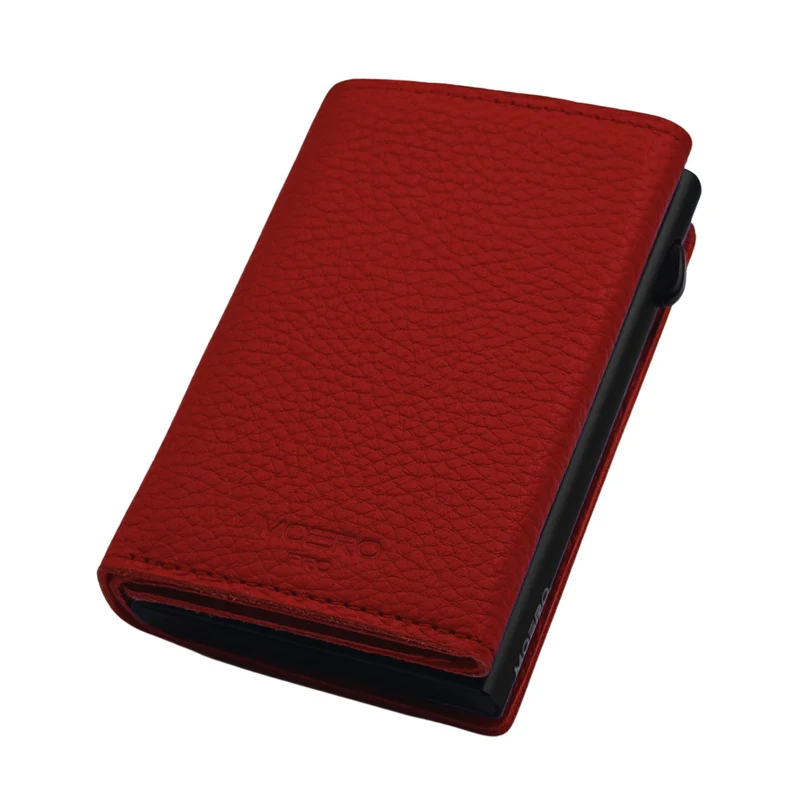 Moero PRO PLUS Zip – Portafoglio Bottalato in Vera Pelle con Portamonete Zip, RFID e Chiusura Magnetica – Rosso