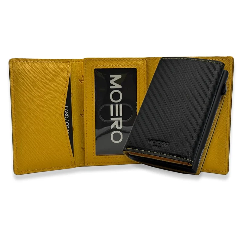Moero PRO PLUS Zip Saffiano – Portafoglio in Vera Pelle Saffiano Antigraffio e Carbon con Portamonete Zip, RFID e Chiusura Magnetica – Nero e Giallo