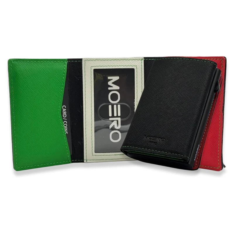 Moero PRO PLUS Zip Saffiano – Portafoglio in Vera Pelle Saffiano Antigraffio con Portamonete Zip, RFID e Chiusura Magnetica – Nero e Bandiera Italia