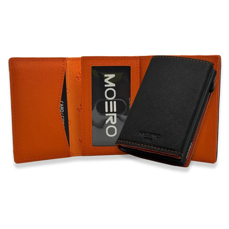 Moero PRO PLUS Zip Saffiano – Portafoglio in Vera Pelle Saffiano Antigraffio con Portamonete Zip, RFID e Chiusura Magnetica – Nero e Arancione