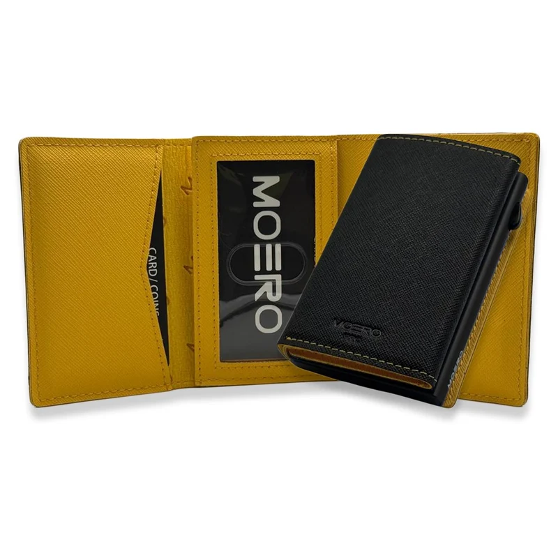 Moero PRO PLUS Zip Saffiano – Portafoglio in Vera Pelle Saffiano Antigraffio con Portamonete Zip, RFID e Chiusura Magnetica – Nero e Giallo