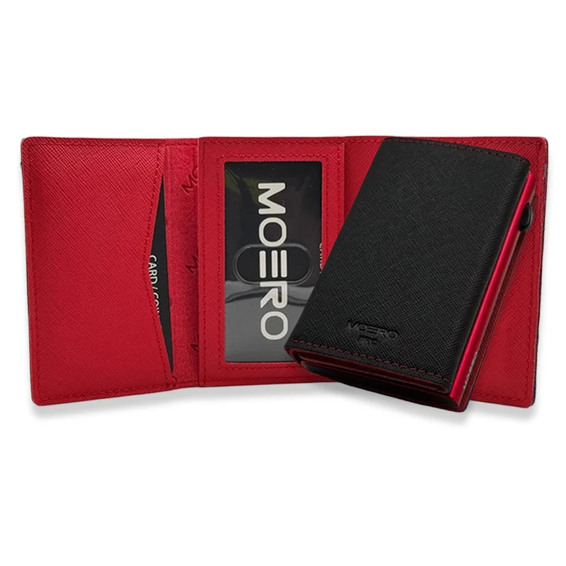 Moero PRO PLUS Zip Saffiano – Portafoglio in Vera Pelle Saffiano Antigraffio con Portamonete Zip, RFID e Chiusura Magnetica – Nero e Rosso