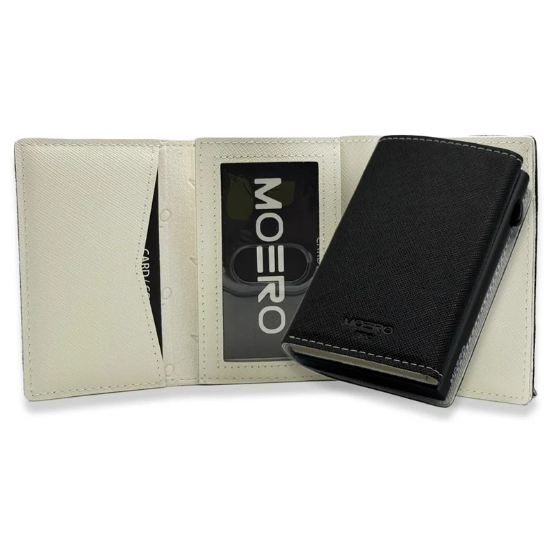 Moero PRO PLUS Zip Saffiano – Portafoglio in Vera Pelle Saffiano Antigraffio con Portamonete Zip, RFID e Chiusura Magnetica – Nero e Bianco