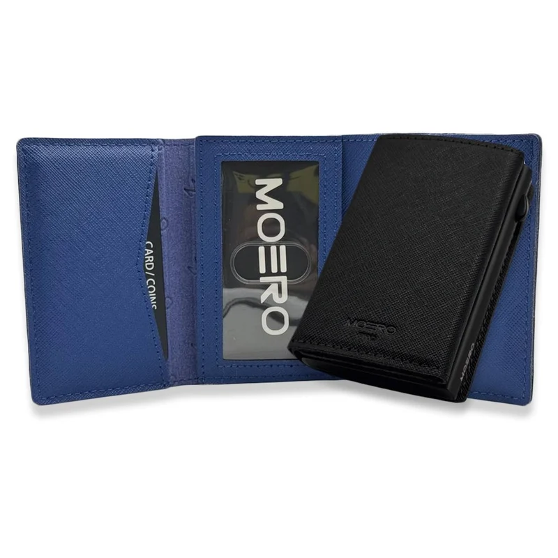 Moero PRO PLUS Zip Saffiano – Portafoglio in Vera Pelle Saffiano Antigraffio con Portamonete Zip, RFID e Chiusura Magnetica – Nero e Blu