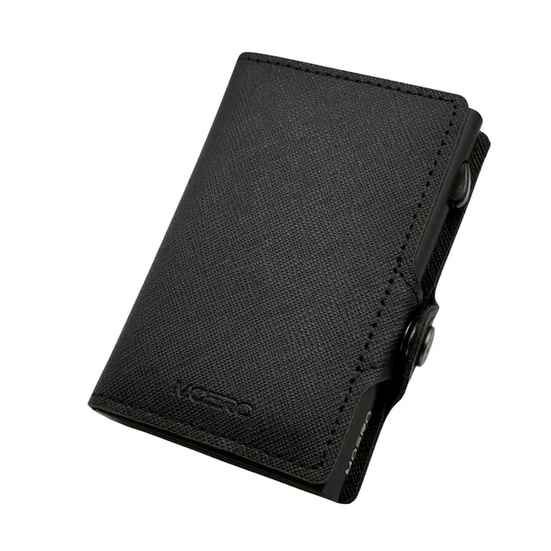 Moero Classic Saffiano – Portafoglio in Vera Pelle Saffiano Antigraffio, Protezione RFID e Chiusura con Bottone – Nero