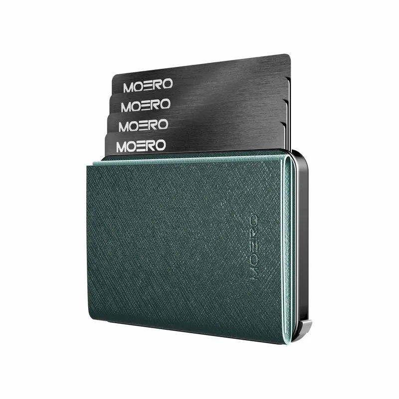 Moero M2 Pro Plus Saffiano Green MagSafe Wallet – Portafoglio RFID in Alluminio e Vera Pelle Antigraffio