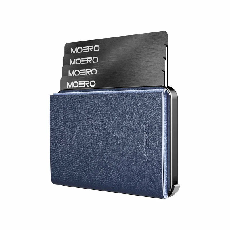 Moero M2 Pro Plus Saffiano Blue Navy MagSafe Wallet – Portafoglio RFID in Alluminio e Vera Pelle Antigraffio