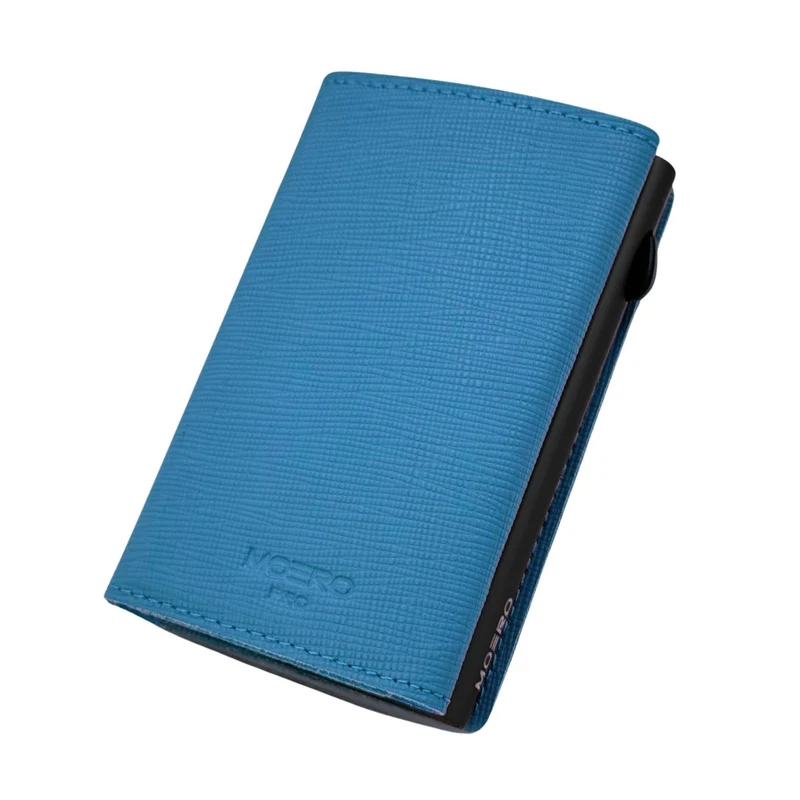 Moero PRO Zip Saffiano – Portafoglio in Vera Pelle Saffiano Antigraffio con Portamonete Zip, RFID e Chiusura Magnetica – Azzurro