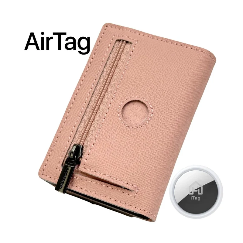 Moero PRO Zip AirTag Saffiano – Portafoglio in Vera Pelle Saffiano Antigraffio con Slot AirTag, Portamonete Zip, RFID e Chiusura Magnetica – Rosa