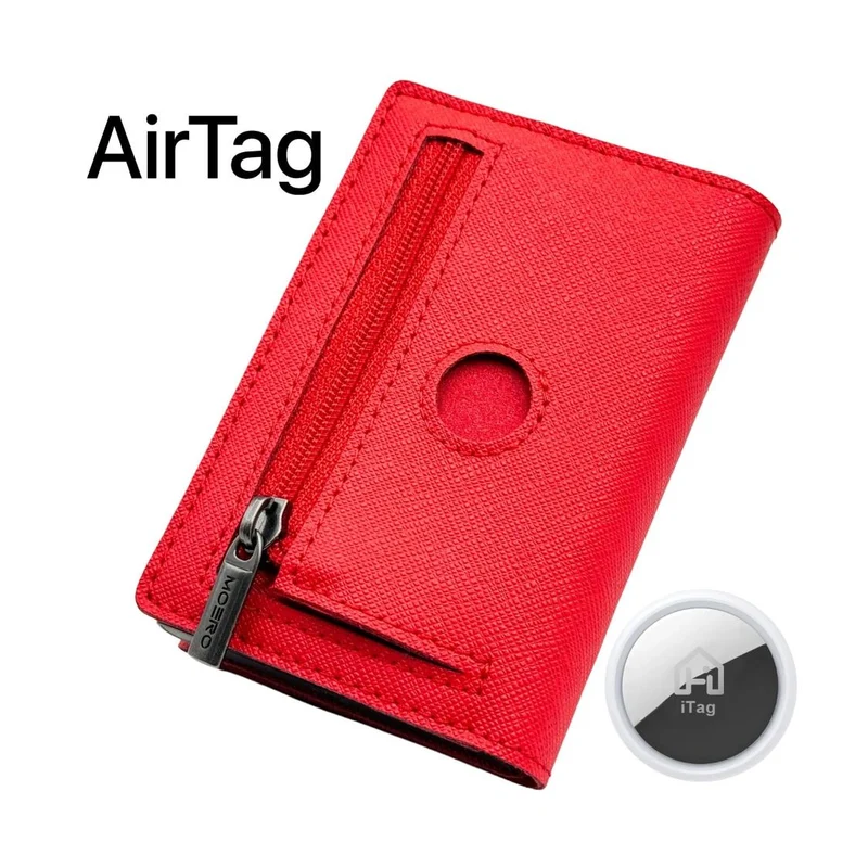 Moero PRO Zip AirTag Saffiano – Portafoglio in Vera Pelle Saffiano Antigraffio con Slot AirTag, Portamonete Zip, RFID e Chiusura Magnetica – Rosso