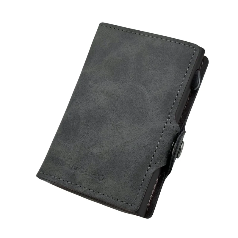 Moero Classic Zip Vintage – Portafoglio in Pelle Vegana Effetto Vintage con Portamonete Zip, Protezione RFID e Chiusura con Bottone – Grigio