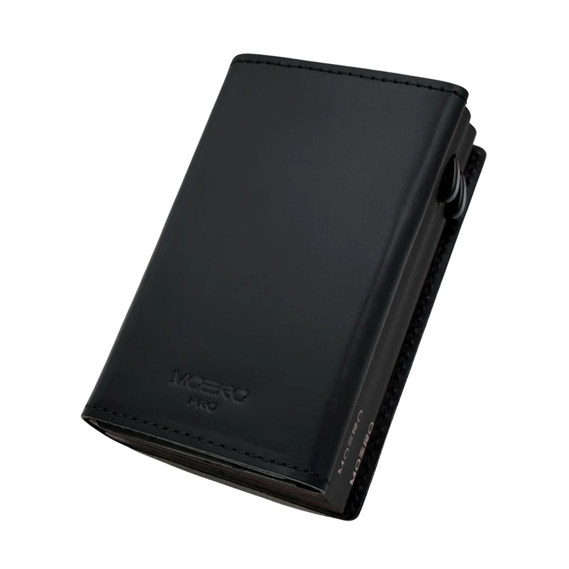 Moero Dual Zip – Portafoglio con Doppio Portacarte in Alluminio, Linea Prestige Vera Pelle, Portamonete Zip, RFID e Chiusura Magnetica – Nero