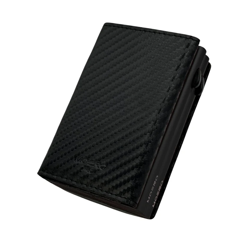 Moero Dual Zip – Portafoglio con Doppio Portacarte in Alluminio, Carbon e Vera Pelle , Portamonete Zip, RFID e Chiusura Magnetica – Nero
