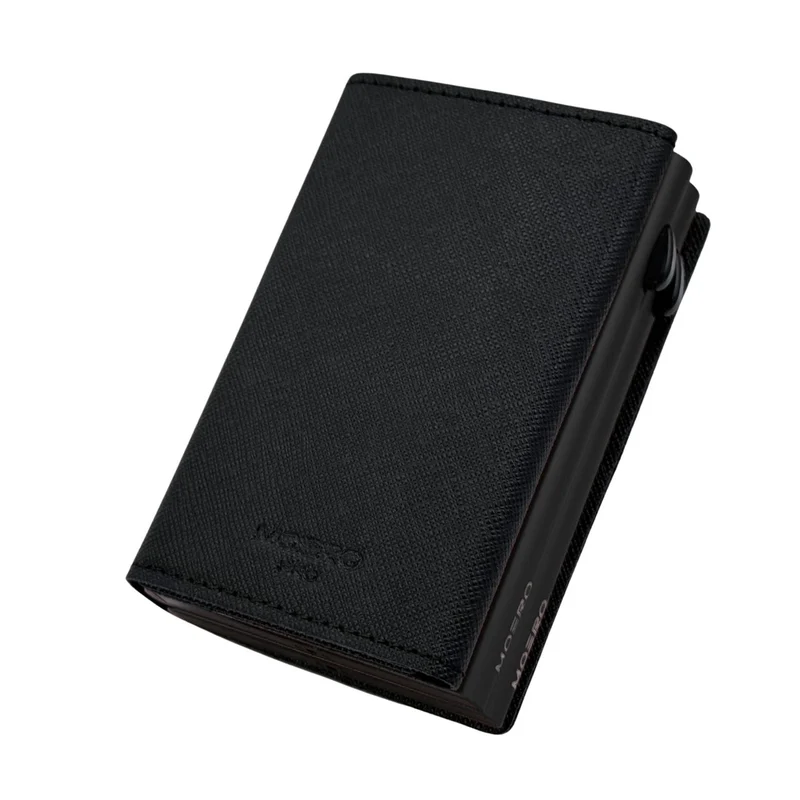 Moero Dual Zip Saffiano – Portafoglio con Doppio Portacarte in Alluminio, Vera Pelle Saffiano Antigraffio, Portamonete Zip, RFID e Chiusura Magnetica – Nero