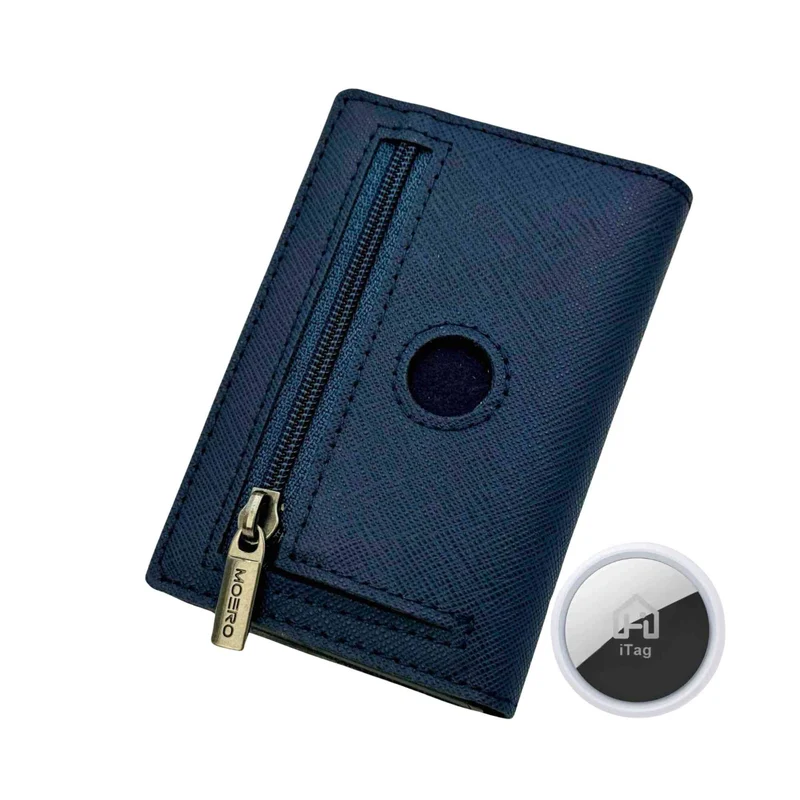 Moero PRO Zip AirTag Saffiano – Portafoglio in Vera Pelle Saffiano Antigraffio con Slot AirTag, Portamonete Zip, RFID e Chiusura Magnetica – Blu Navy