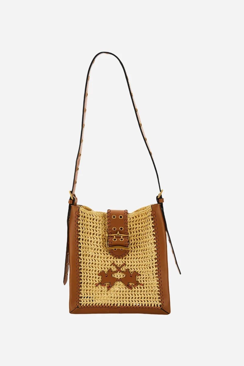 Damen-Umhängetasche aus Leder und Raffia mit Maxi-Logo - Fuego Crossbody