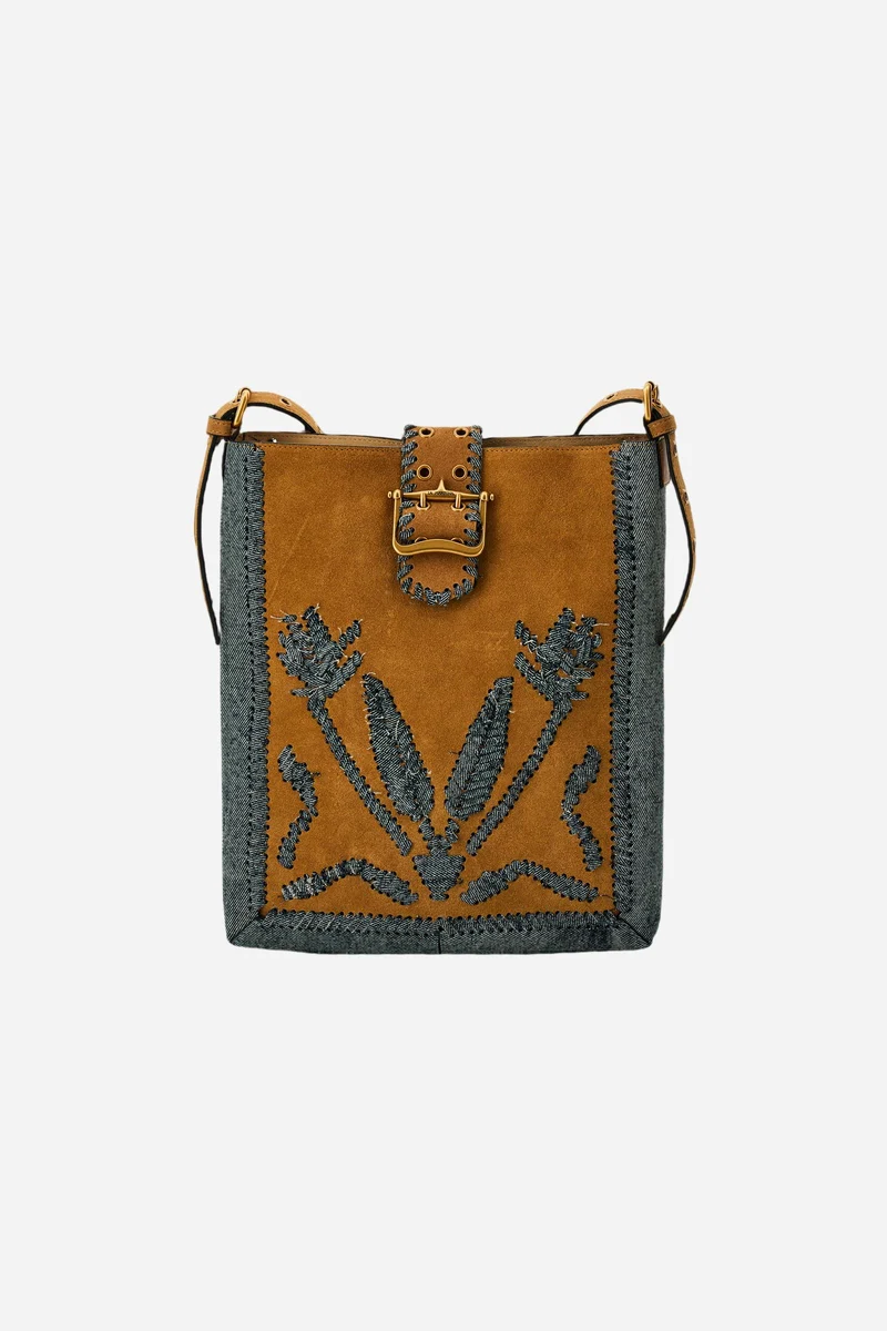 Damen-Umhängetasche aus Veloursleder und Denim mit Intarsien-Detail - Fuego Crossbody