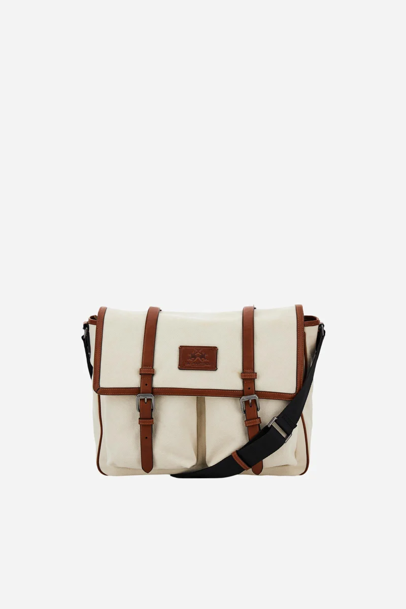 Umhängetasche mit aufgesetzten Taschen aus gewaschenem Canvas und Leder - Messenger