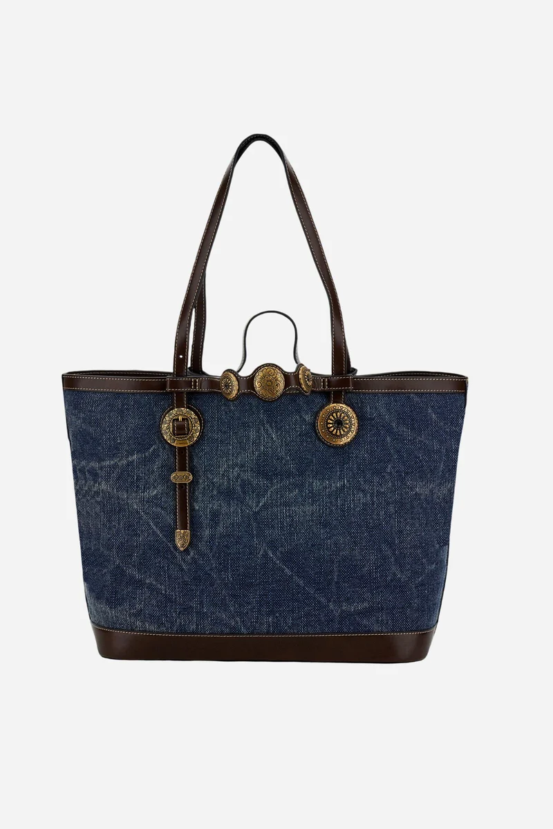Shopping-Tasche aus Canvas in Leinenoptik mit goldenen Blumen-Nieten – Gaucho Shopping Bag