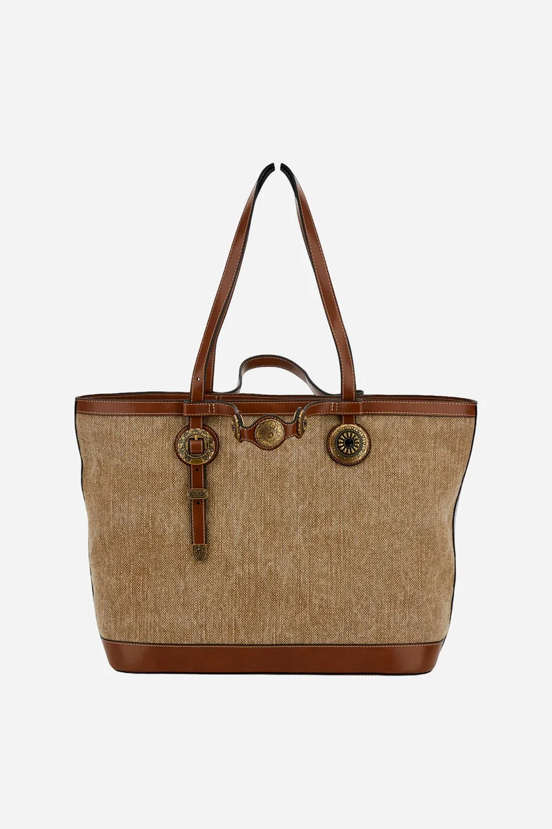 Shopping-Tasche aus Canvas in Leinenoptik mit goldenen Blumen-Nieten – Gaucho Shopping Bag
