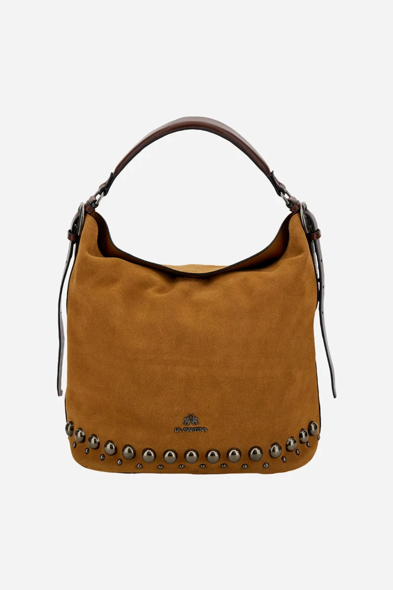 Damen-Hobo-Tasche aus Veloursleder und Kunstleder mit Nieten - Arizona