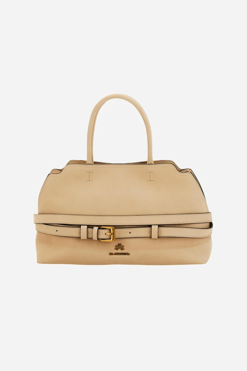 Handtasche aus Veloursleder mit dekorativen Riemen - Tote