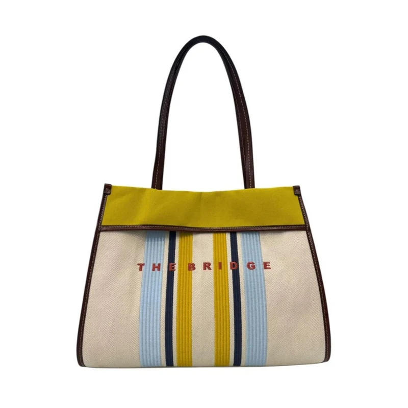Beach Bag Media THE BRIDGE linea Elisa Wow in Cotone e Pelle Naturale Marrone e Celeste