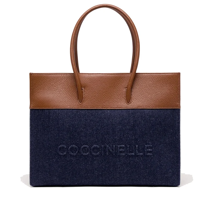 Borsa Donna a Spalla COCCINELLE in Pelle e Tessuto Linea Myrtha colore Denim - Cognac