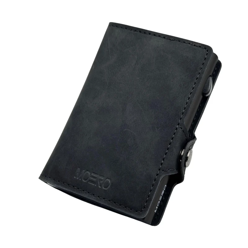 Moero Classic Zip Vintage – Portafoglio in Pelle Vegana Effetto Vintage con Portamonete Zip, Protezione RFID e Chiusura con Bottone – Black
