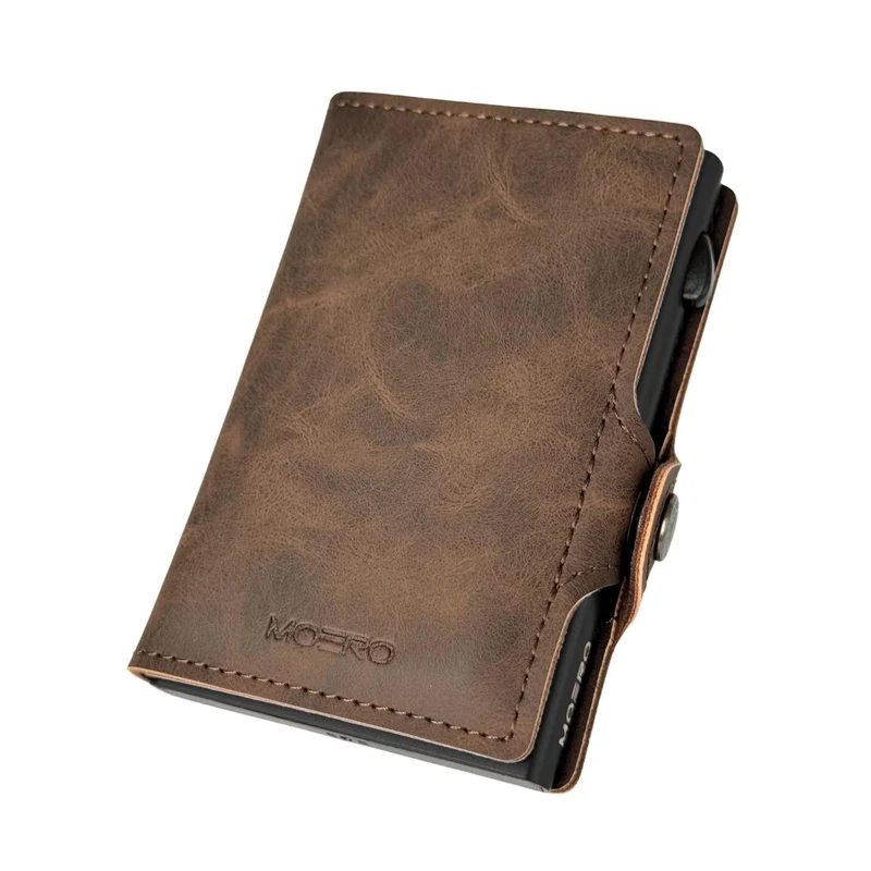 Moero Classic Zip Vintage – Portafoglio in Pelle Vegana Effetto Vintage con Portamonete Zip, Protezione RFID e Chiusura con Bottone – Dark Brown