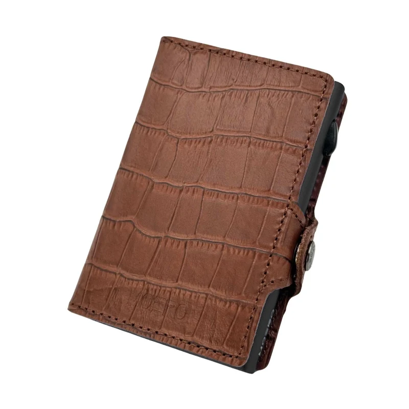 Moero Classic Croco – Portafoglio in Vera Pelle con Stampa Coccodrillo, Protezione RFID e Chiusura con Bottone – Marrone