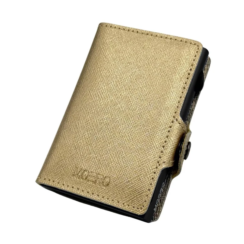 Moero Classic Zip Saffiano – Portafoglio in Vera Pelle Saffiano Antigraffio con Portamonete Zip, Protezione RFID e Chiusura con Bottone – Oro