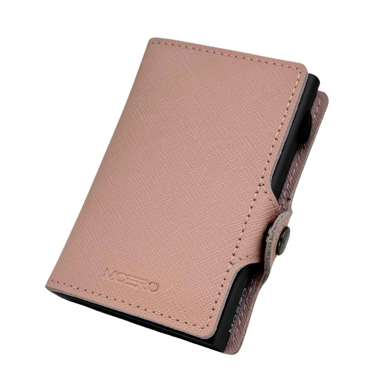 Moero Classic Zip Saffiano – Portafoglio in Vera Pelle Saffiano Antigraffio con Portamonete Zip, Protezione RFID e Chiusura con Bottone – Rosa