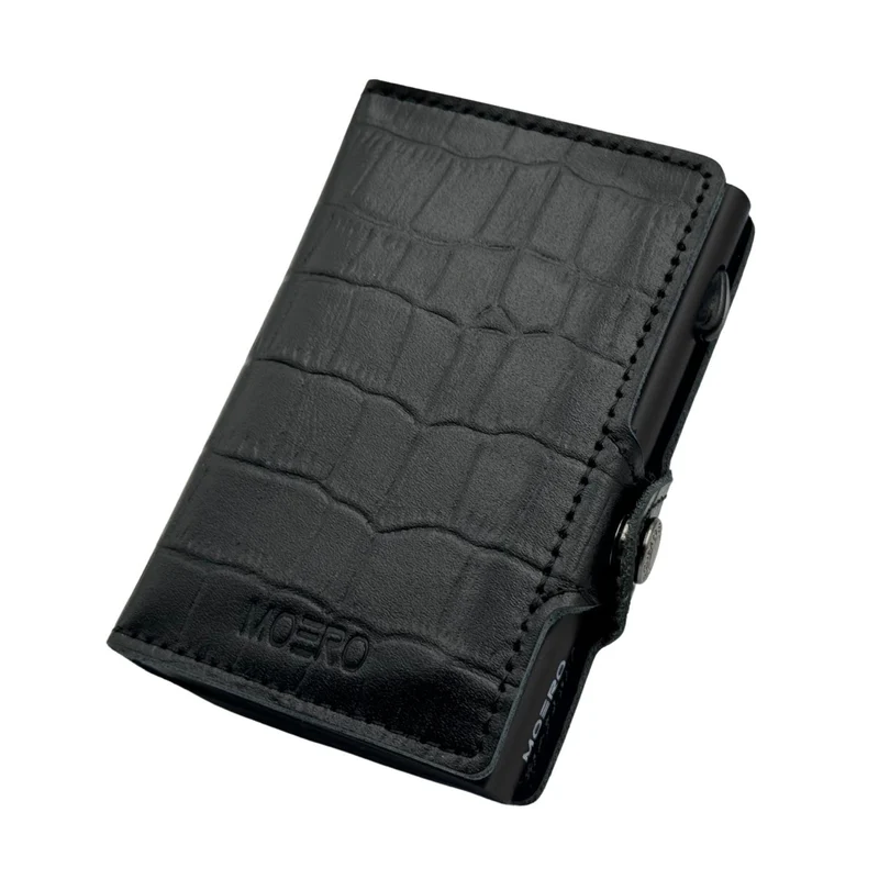 Moero Classic Croco – Portafoglio in Vera Pelle con Stampa Coccodrillo, Protezione RFID e Chiusura con Bottone – Nero