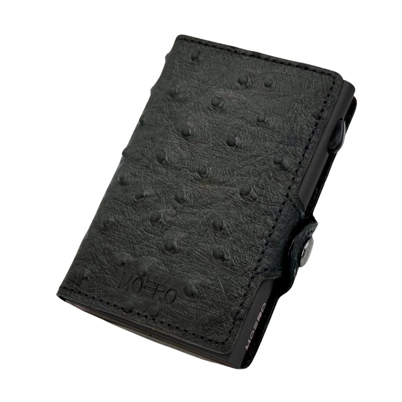 Moero Classic Struzzo – Portafoglio in Vera Pelle con Stampa Struzzo, Protezione RFID e Chiusura con Bottone – Nero